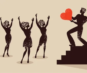 Silhouetted man presenting a red heart to three cheering silhouetted women with ornate patterned hair.