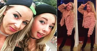 Two women are posing; both wearing hats and smiling. On the right, a girl poses in a furry coat in front of a mirror.
