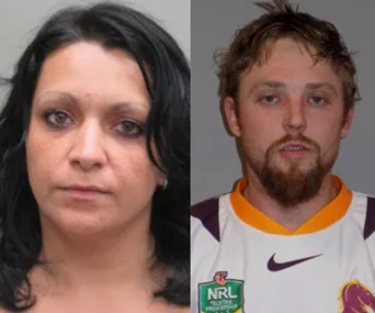 Two individuals in a mugshot-style image, a woman on the left and a man wearing a sports jersey on the right.