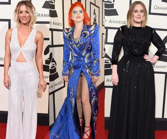 Three women on the 2016 Grammy red carpet, wearing a white jumpsuit, a blue patterned gown, and a black sparkly dress.