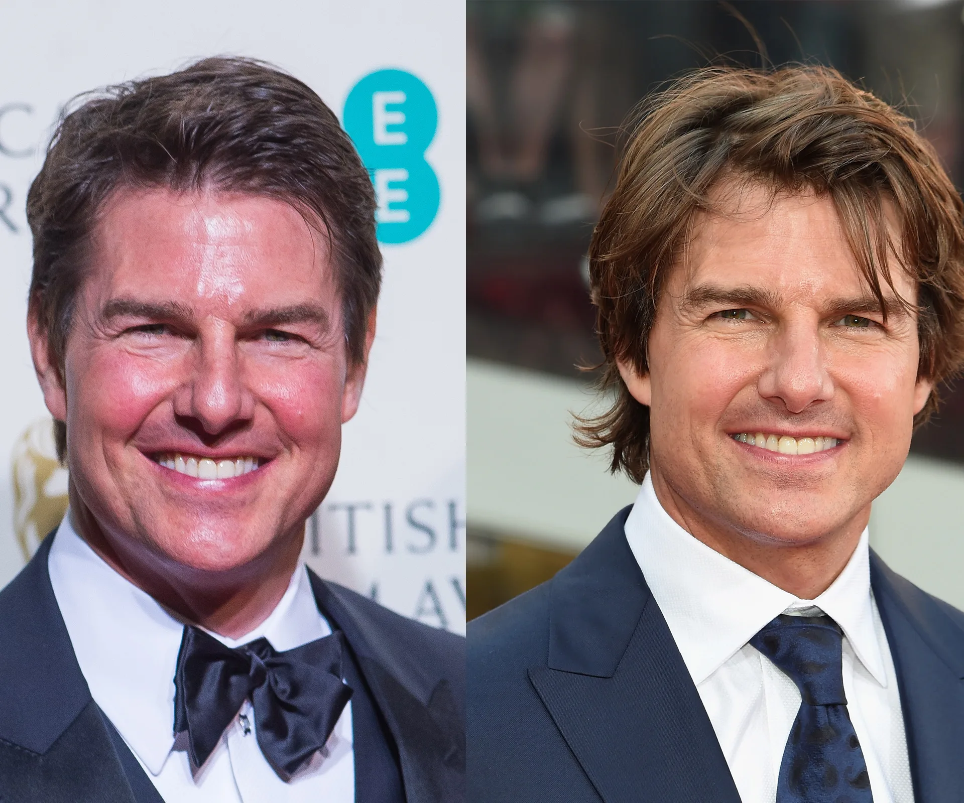 "Two side-by-side images of a man in formal attire at an event, smiling."