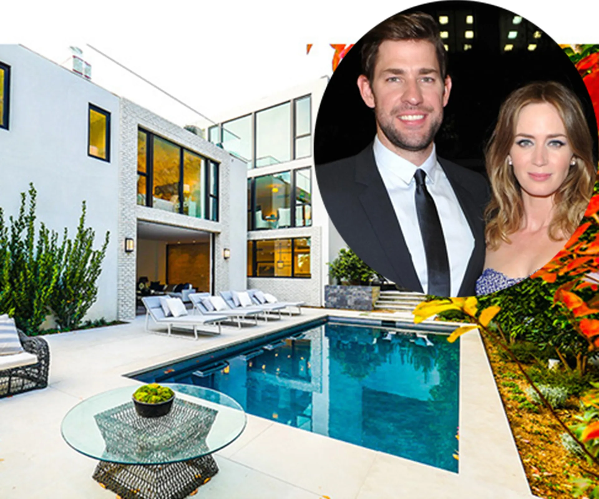 Luxurious Hollywood home with pool and patio, inset with a couple dressed formally.