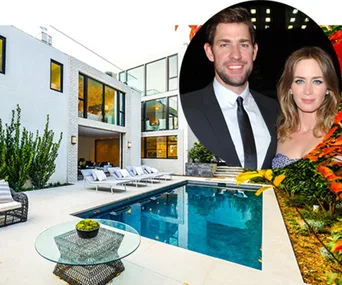 Luxurious Hollywood home with pool and patio, inset with a couple dressed formally.