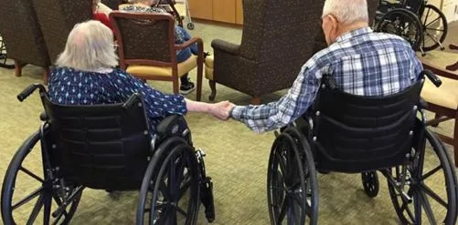 Elderly couple sitting in wheelchairs holding hands, seen from behind in a care facility.