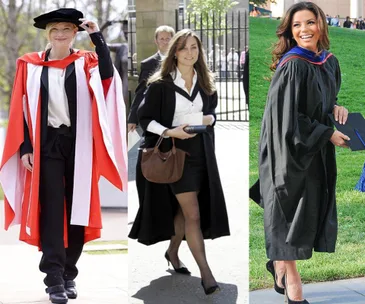 Graduation day: Three women in academic robes, each holding diplomas, smiling and posing outdoors.