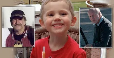 A smiling child in the center with two older men in separate smaller frames on either side.