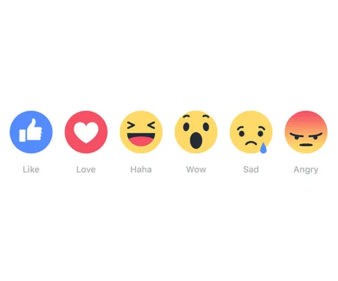 Facebook reaction buttons: Like, Love, Haha, Wow, Sad, Angry emojis displayed in a row.