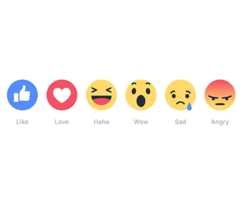 Facebook reaction buttons: Like, Love, Haha, Wow, Sad, Angry emojis displayed in a row.
