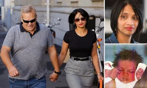 Man and woman walking hand in hand; woman in black top, black skirt. Side images: woman's portrait and a baby photo.