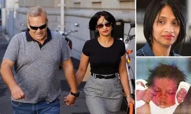 Man and woman walking hand in hand; woman in black top, black skirt. Side images: woman's portrait and a baby photo.