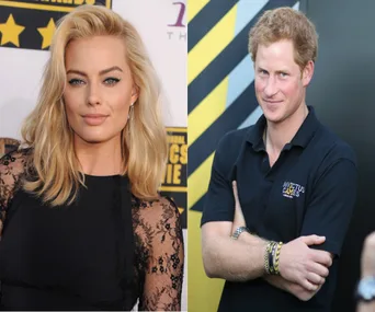 Margot Robbie in black lace dress at event; man wearing black Invictus Games polo shirt smiling beside her.