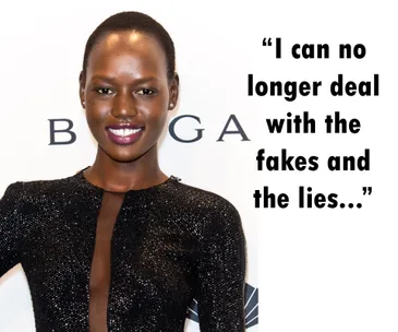 A person smiling in a sparkly black dress beside the quote "I can no longer deal with the fakes and the lies..."