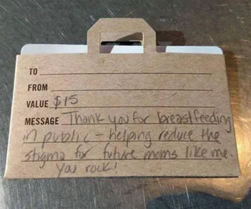 Gift card with $15 value and message thanking for breastfeeding in public, helping reduce stigma for future moms.