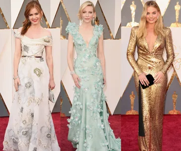 Three women in elegant gowns on the 2016 Oscars red carpet.