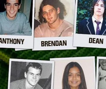 Polaroid-style photos labeled Anthony, Brendan, and Dean on a green background, showing young men in different outfits.