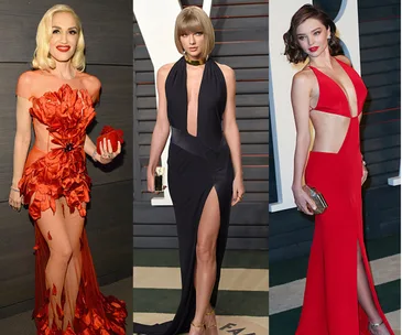 Three women in daring dresses at Oscars after-parties, featuring red and black designs with bold cuts and slits.