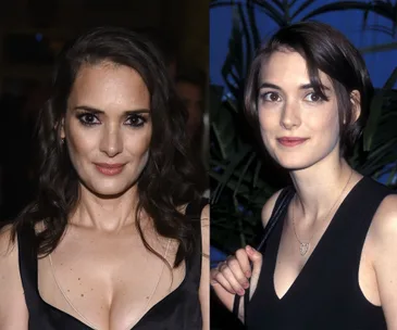Winona Ryder at two different ages, showcasing minimal aging over 20 years, with similar hairstyles and black outfits.