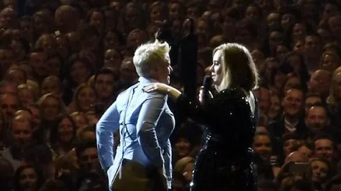 Adele on stage helps a fan propose at a concert, surrounded by a cheering crowd.
