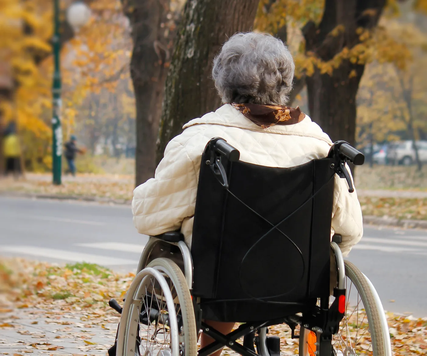 Senior woman in a wheelchair by a tree-lined street in autumn.