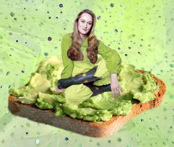 Meryl Streep sitting on avocado toast in a humorous, surreal Instagram collage.
