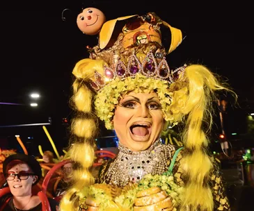 A person in vibrant carnival costume with a bee-themed headpiece, smiling at a nighttime Mardi Gras event.