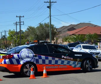 Police vehicles and cones on a suburban street during a traffic operation, with houses and power lines in the background.