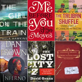 Collage of six book covers: The Girl on the Train, Me Before You, The Taliban Shuffle, Inferno, The Lost City of Z, Fantastic Beasts.