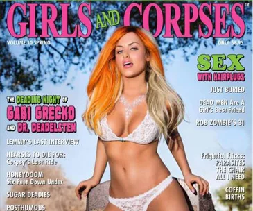 A woman in white lingerie poses outdoors for a magazine cover titled "Girls and Corpses."
