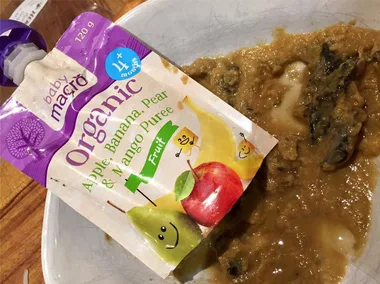 Close-up of baby food pouch labeled "Organic Apple, Banana, Pear & Mango Puree" beside opened and apparent moldy contents.