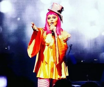 Performer in colorful costume with pink hair and top hat singing on stage.