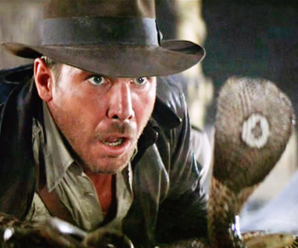Indiana Jones cautiously faces a cobra, wearing his iconic fedora and leather jacket.