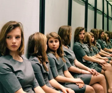 A girl in a grey dress sits in front of a mirror creating an optical illusion of multiple girls in the frame.
