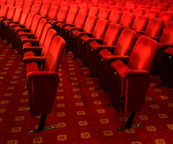 Rows of empty red cinema seats in a theater with patterned carpet.