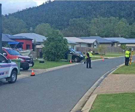 Police officers investigate a residential street incident with parked cars and orange cones.