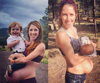 A woman holds a toddler and a baby in two side-by-side outdoor photos, showcasing her post-pregnancy belly.