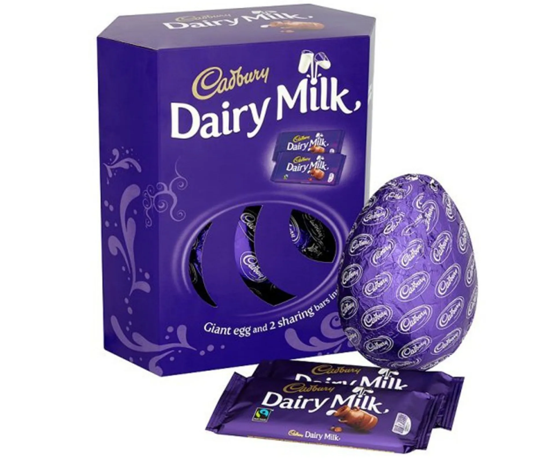 Cadbury Dairy Milk chocolate egg and packaging with two chocolate bars.