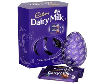 Cadbury Dairy Milk chocolate egg and packaging with two chocolate bars.