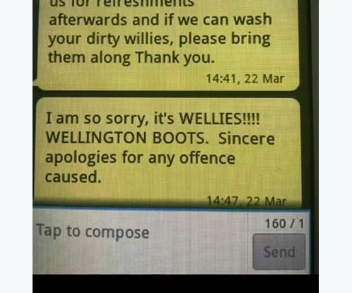 Text message typo correction from "willies" to "wellies" with apology for error.