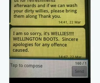 Text message typo correction from "willies" to "wellies" with apology for error.