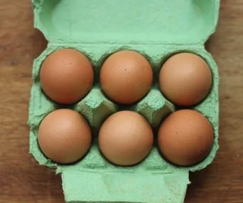 Carton holding six brown eggs on a wooden surface.