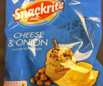 Snackrite cheese and onion flavored potato crisps package, blue background with logo and image of crisps on front.