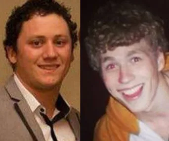 Two young men smiling in side-by-side photos; one in a suit, the other in a casual setting.