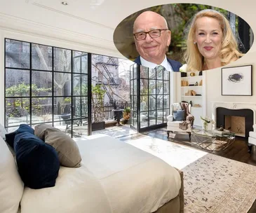 Luxurious NYC apartment bedroom with large windows and garden view; two people inset smiling.
