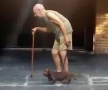 Elderly man with a cane walks a small brown dog, both moving slowly together on a gray surface.