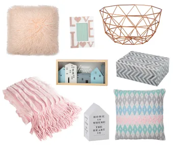 Home decor items including pillows, a wire basket, picture frame, throw blanket, decorative box, and house-shaped signs.