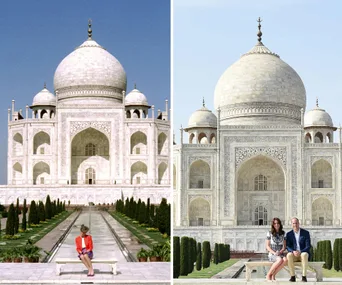 "Two side-by-side images of the Taj Mahal: left with a woman sitting alone, right with a couple sitting together."