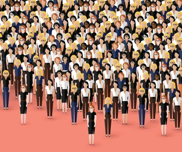 Illustration of a diverse group of stylized people standing together on a pink background, symbolizing unity.