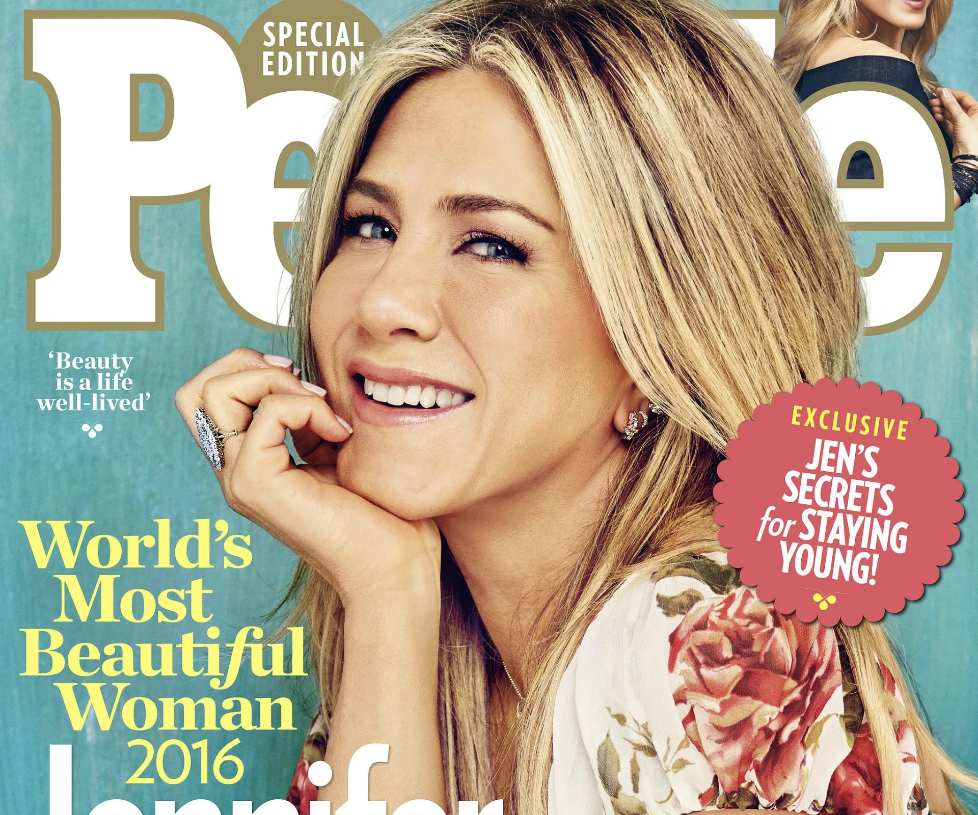 Jennifer Aniston on People magazine cover, declared "World's Most Beautiful Woman 2016," smiling with hand on chin.