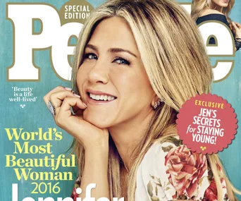 Jennifer Aniston on People magazine cover, declared "World's Most Beautiful Woman 2016," smiling with hand on chin.