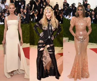 Three celebrities pose at the Met Gala 2016 red carpet, dressed in elegant, high-fashion outfits.